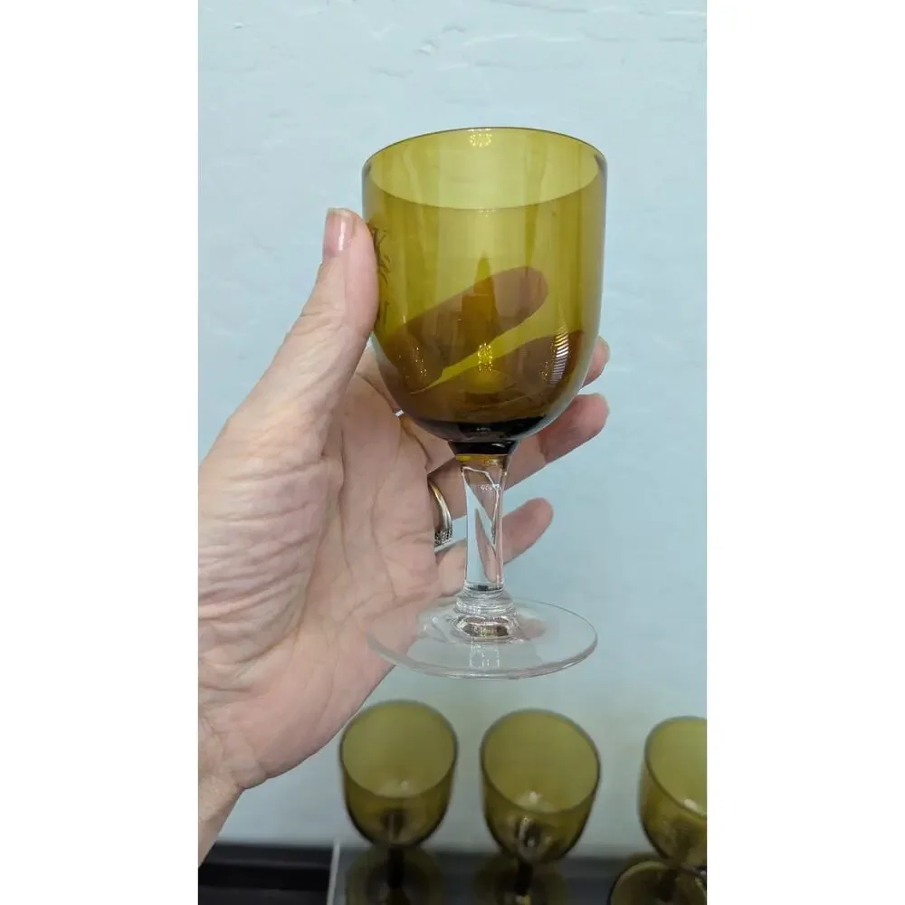 Hand Blown Dark Amber Wine Cordial Glasses Vintage Lot Of 9 MCM Olive Green